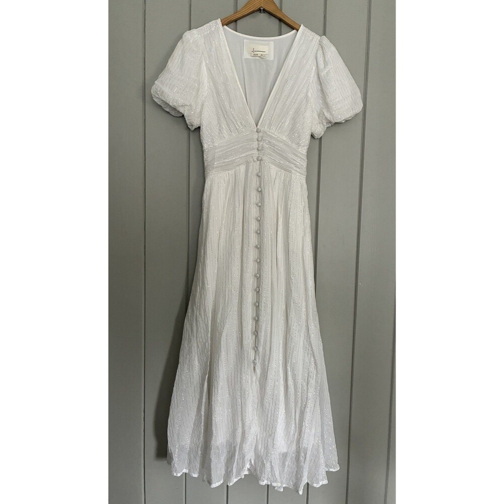 Anthropologie Katerina Button-Front V-Neck Puff-Sleeve Maxi Dress 4 White Lurex